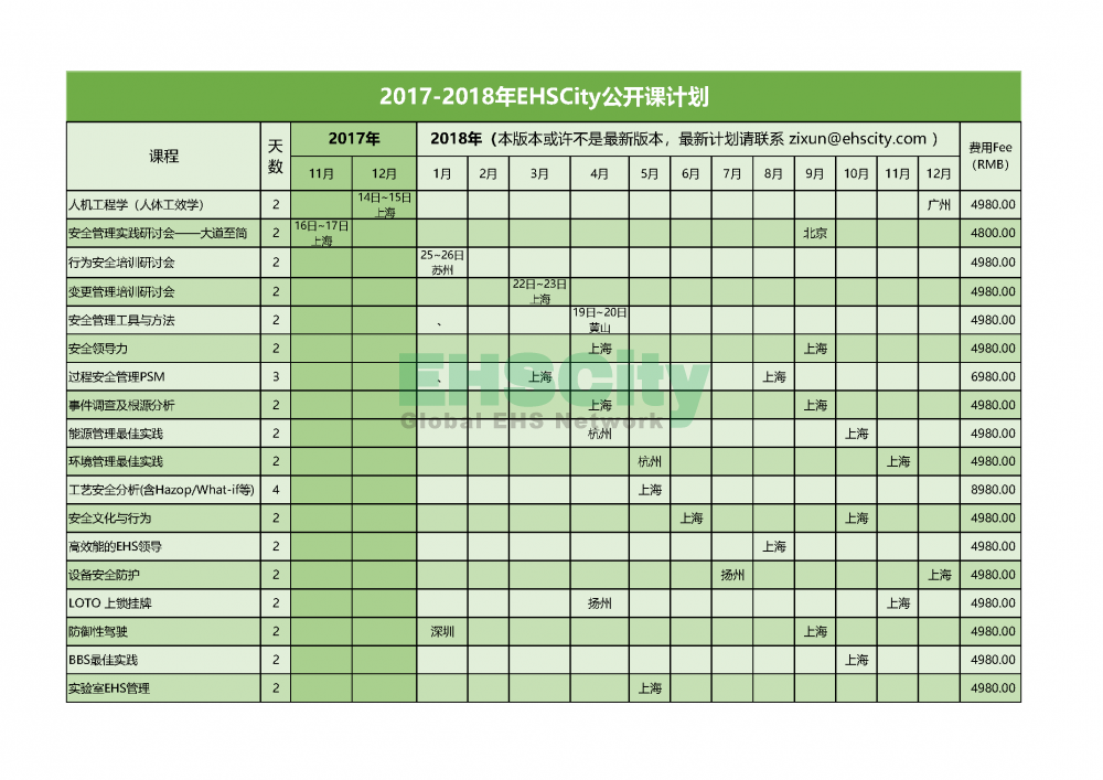 2018年EHS公開課計劃EHSCity